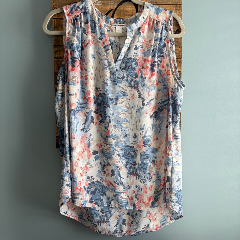 Dalia Collection Floral Flowy Sleeveless V-Neck Blouse - Blue and Pink